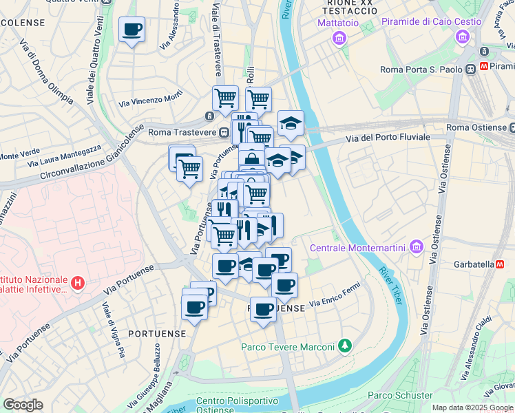 map of restaurants, bars, coffee shops, grocery stores, and more near 17 Piazza della Radio in Rome