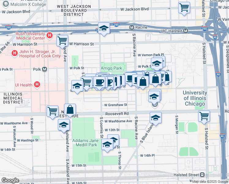 map of restaurants, bars, coffee shops, grocery stores, and more near 1322 West Taylor Street in Chicago
