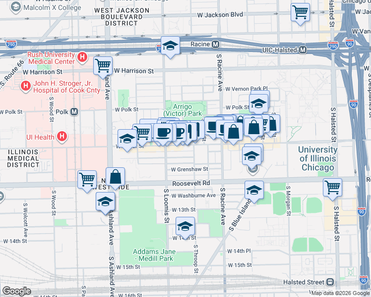 map of restaurants, bars, coffee shops, grocery stores, and more near 1322 West Taylor Street in Chicago