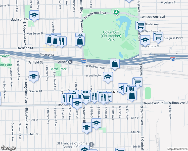 map of restaurants, bars, coffee shops, grocery stores, and more near 5907 West Arthington Street in Chicago