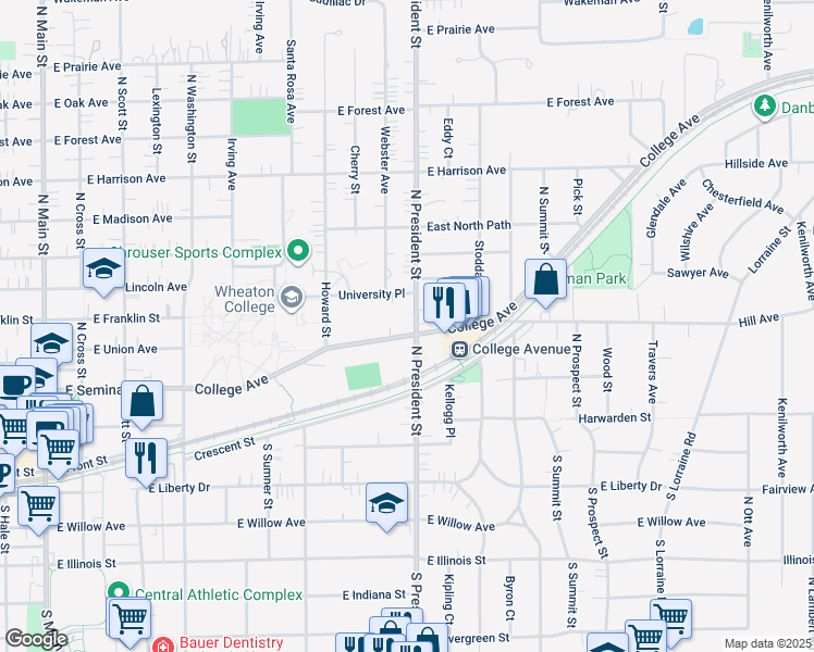 map of restaurants, bars, coffee shops, grocery stores, and more near 409 North President Street in Wheaton