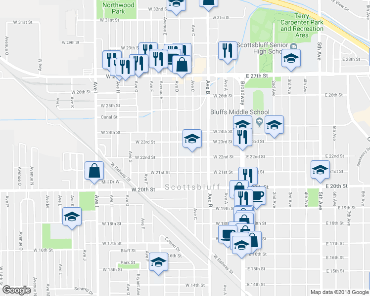 map of restaurants, bars, coffee shops, grocery stores, and more near 2214 Avenue C in Scottsbluff
