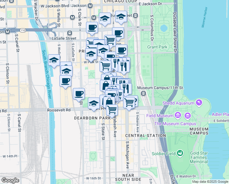 map of restaurants, bars, coffee shops, grocery stores, and more near 1102 South Wabash Avenue in Chicago
