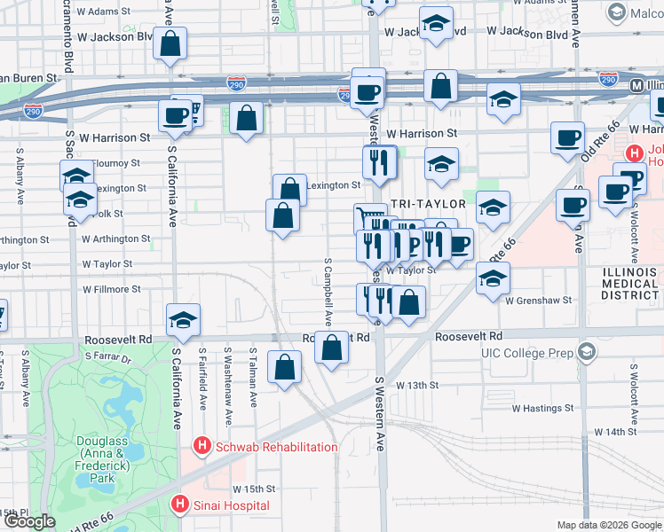 map of restaurants, bars, coffee shops, grocery stores, and more near 915 South Campbell Avenue in Chicago