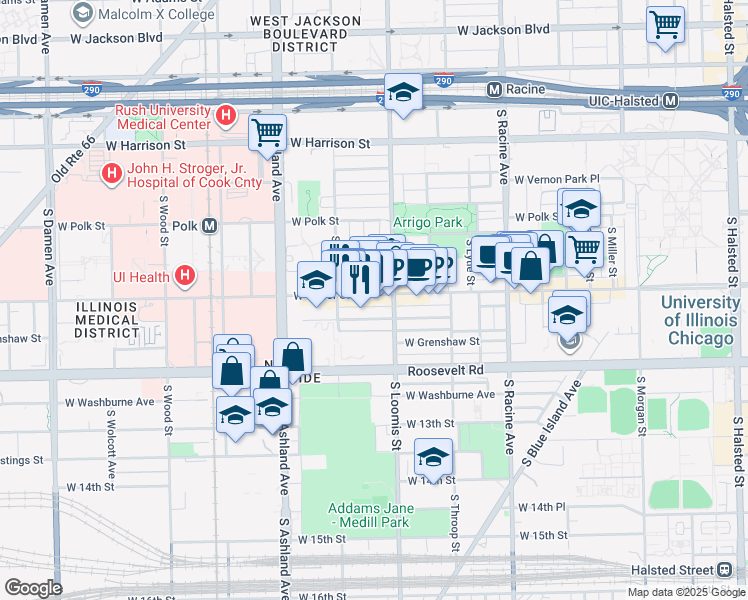 map of restaurants, bars, coffee shops, grocery stores, and more near 1004 South Bishop Street in Chicago