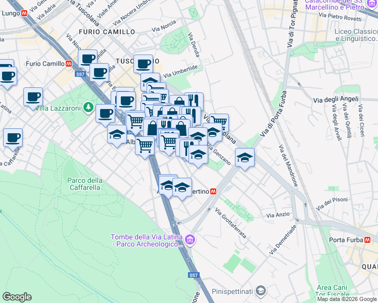 map of restaurants, bars, coffee shops, grocery stores, and more near 13 Via Acqua Donzella in Roma