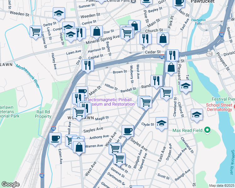map of restaurants, bars, coffee shops, grocery stores, and more near 156 Randall Street in Pawtucket