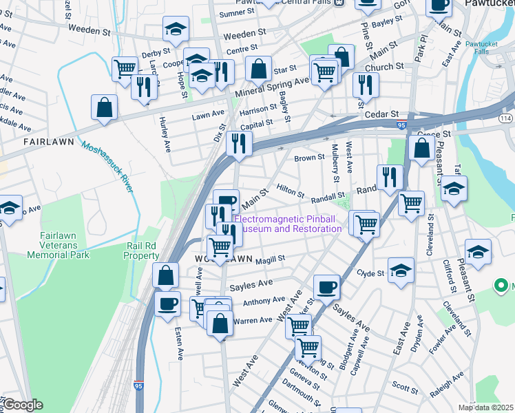 map of restaurants, bars, coffee shops, grocery stores, and more near 802 Main Street in Pawtucket