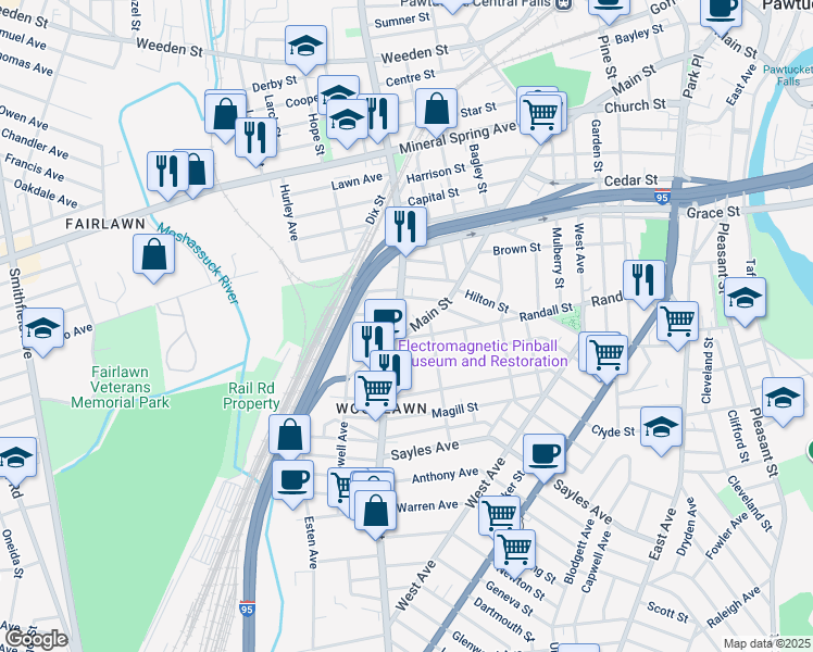 map of restaurants, bars, coffee shops, grocery stores, and more near 33 Lonsdale Avenue in Pawtucket