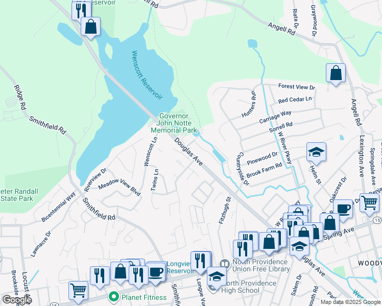 map of restaurants, bars, coffee shops, grocery stores, and more near 1655 Douglas Avenue in North Providence