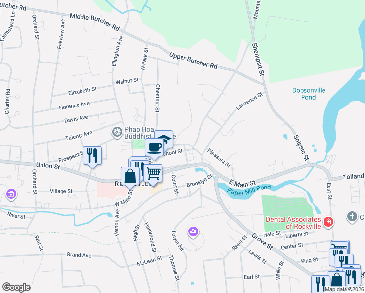 map of restaurants, bars, coffee shops, grocery stores, and more near 34 Prospect Street in Vernon