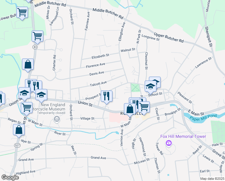 map of restaurants, bars, coffee shops, grocery stores, and more near 108 Prospect Street in Vernon
