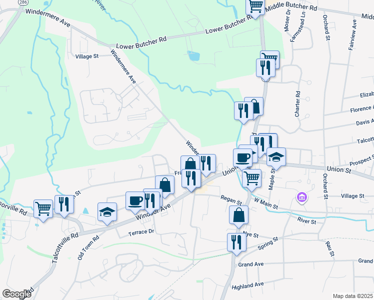 map of restaurants, bars, coffee shops, grocery stores, and more near 34 Windermere Avenue in Vernon