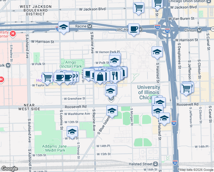 map of restaurants, bars, coffee shops, grocery stores, and more near 1074 West Taylor Street in Chicago