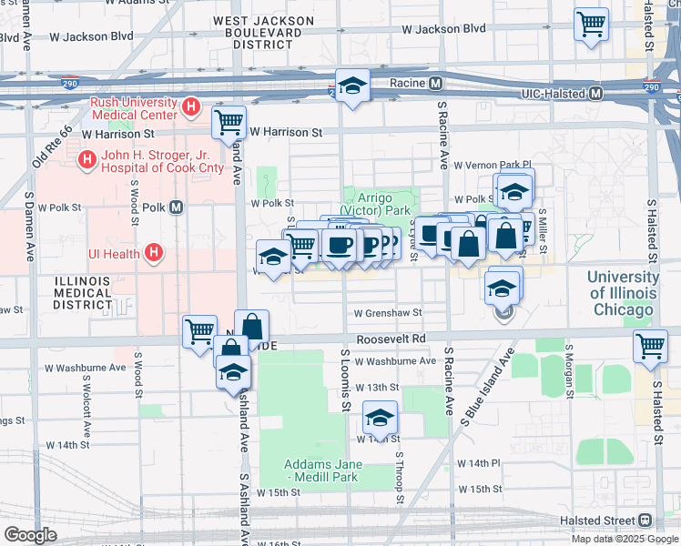 map of restaurants, bars, coffee shops, grocery stores, and more near 927A South Loomis Street in Chicago
