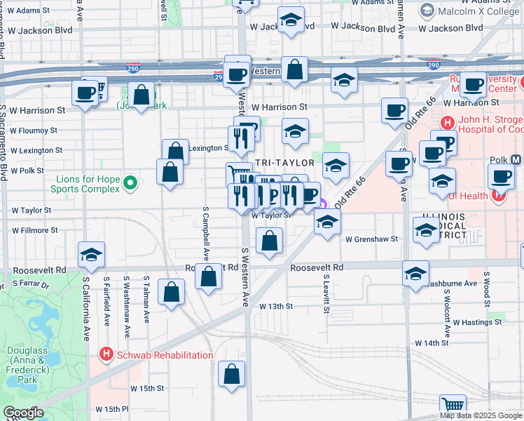 map of restaurants, bars, coffee shops, grocery stores, and more near 2343 West Taylor Street in Chicago