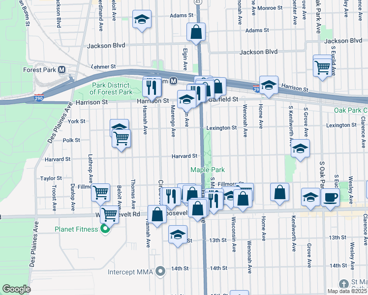 map of restaurants, bars, coffee shops, grocery stores, and more near 924 Elgin Avenue in Forest Park