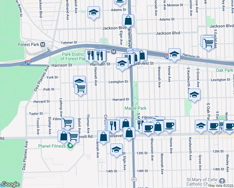 map of restaurants, bars, coffee shops, grocery stores, and more near 925 Marengo Avenue in Forest Park