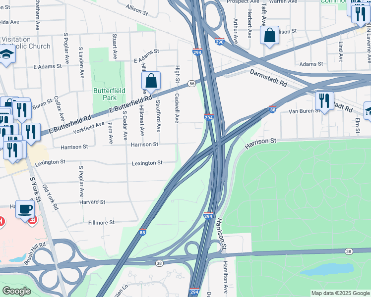map of restaurants, bars, coffee shops, grocery stores, and more near 501-599 East Harrison Street in Elmhurst