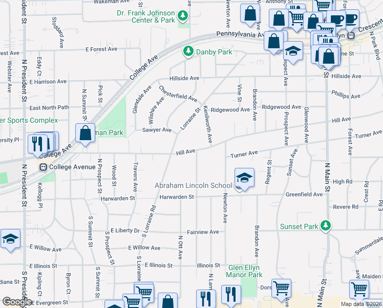 map of restaurants, bars, coffee shops, grocery stores, and more near 280 Hill Avenue in Glen Ellyn