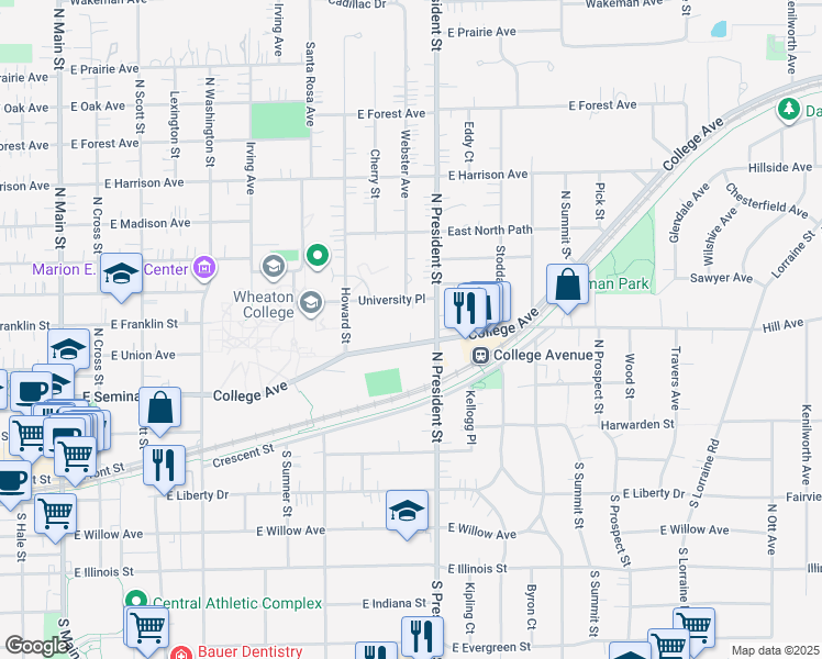 map of restaurants, bars, coffee shops, grocery stores, and more near 883 College Avenue in Wheaton