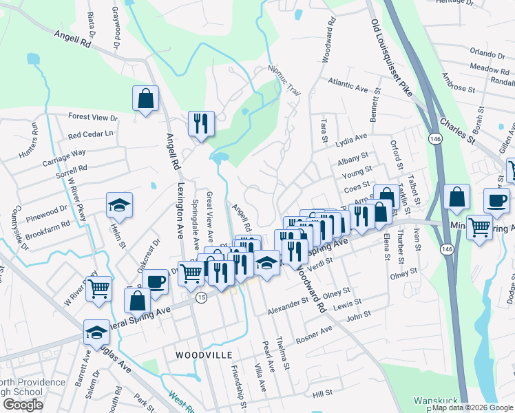 map of restaurants, bars, coffee shops, grocery stores, and more near 85A Nipmuc Trail in North Providence