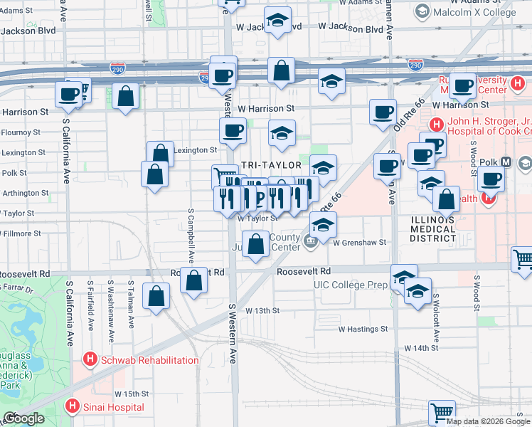 map of restaurants, bars, coffee shops, grocery stores, and more near 926 South Oakley Boulevard in Chicago