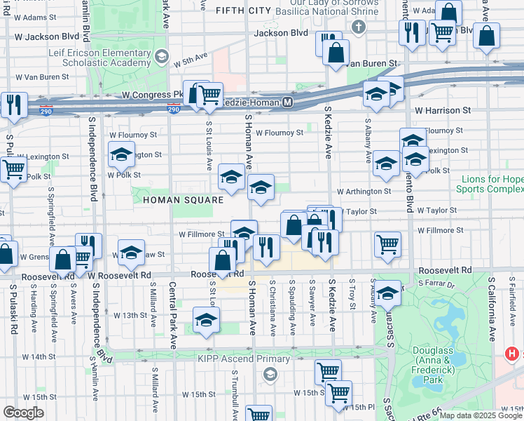 map of restaurants, bars, coffee shops, grocery stores, and more near 931 South Homan Avenue in Chicago