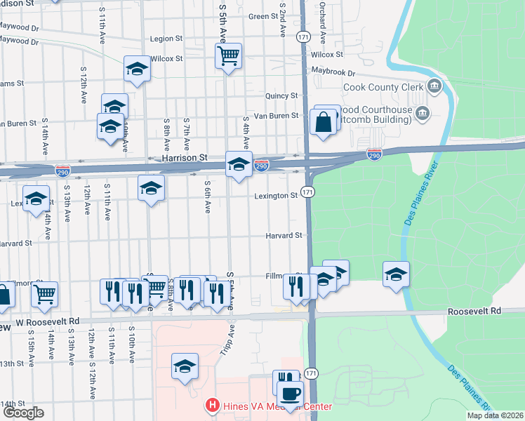 map of restaurants, bars, coffee shops, grocery stores, and more near 1907 South 4th Avenue in Maywood
