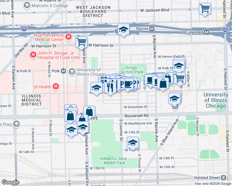 map of restaurants, bars, coffee shops, grocery stores, and more near 1413 West Taylor Street in Chicago