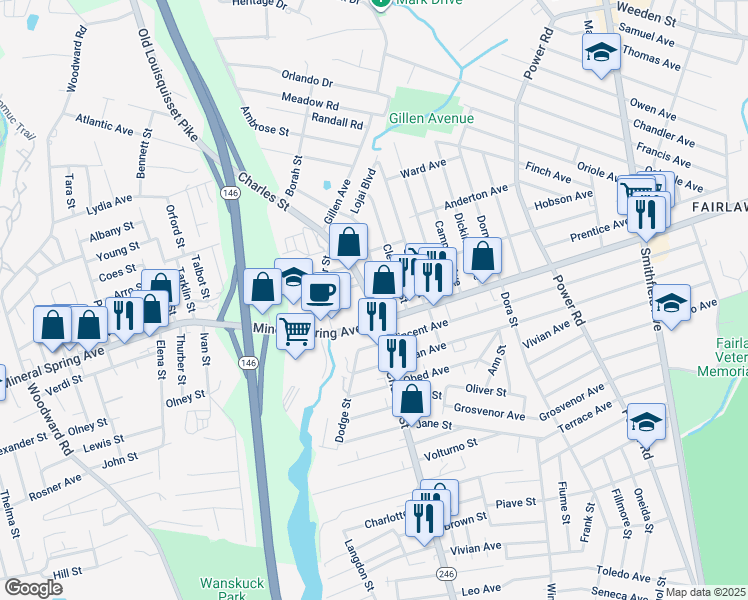 map of restaurants, bars, coffee shops, grocery stores, and more near 1105 Rhode Island 246 in North Providence