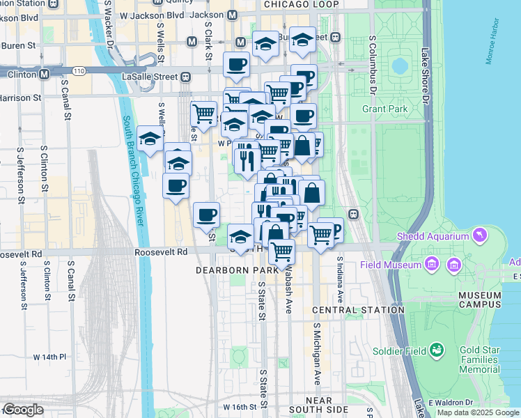 map of restaurants, bars, coffee shops, grocery stores, and more near S State St & E 11th St in Chicago