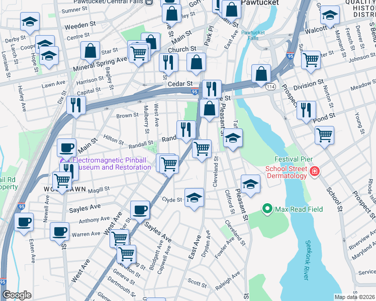 map of restaurants, bars, coffee shops, grocery stores, and more near 191 Pawtucket Avenue in Pawtucket