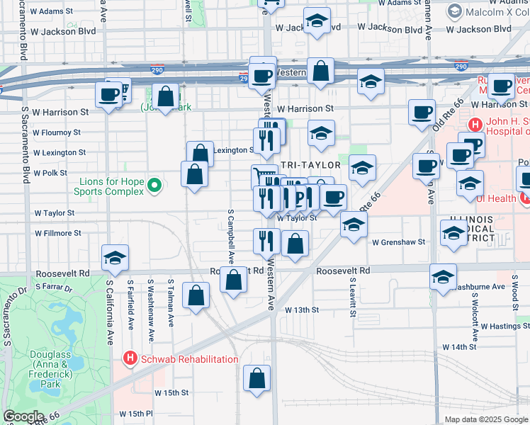 map of restaurants, bars, coffee shops, grocery stores, and more near 2401 West Taylor Street in Chicago