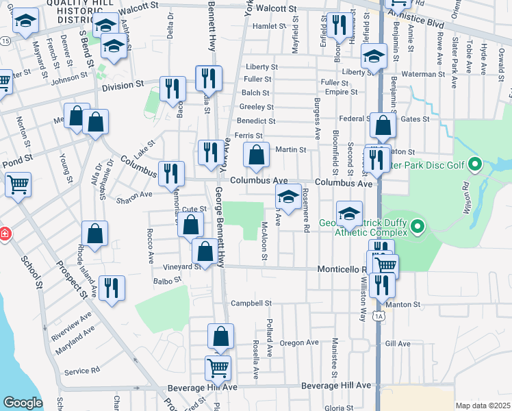 map of restaurants, bars, coffee shops, grocery stores, and more near 1 Monticello Place in Pawtucket