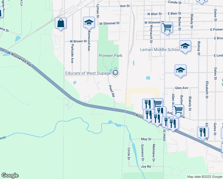 map of restaurants, bars, coffee shops, grocery stores, and more near 851 Pearl Road in West Chicago