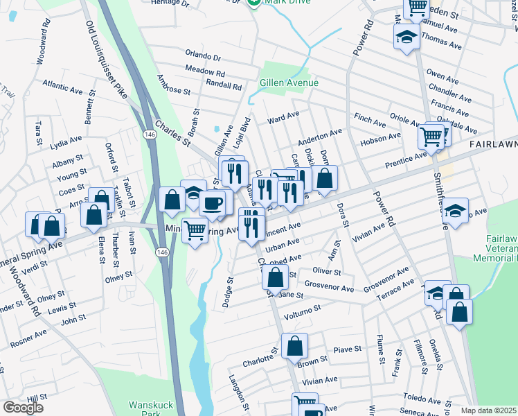 map of restaurants, bars, coffee shops, grocery stores, and more near 11 Adams Street in North Providence
