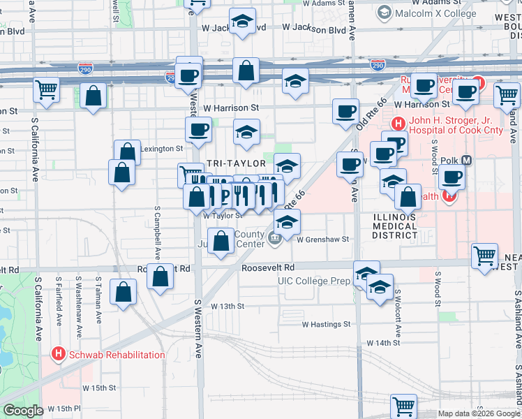 map of restaurants, bars, coffee shops, grocery stores, and more near 2222 West Taylor Street in Chicago