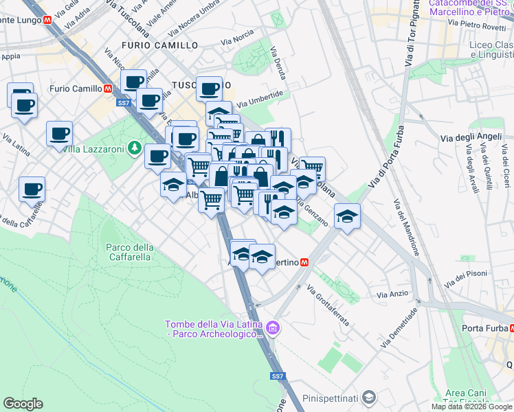map of restaurants, bars, coffee shops, grocery stores, and more near 13-33 Via Acqua Donzella in Rome
