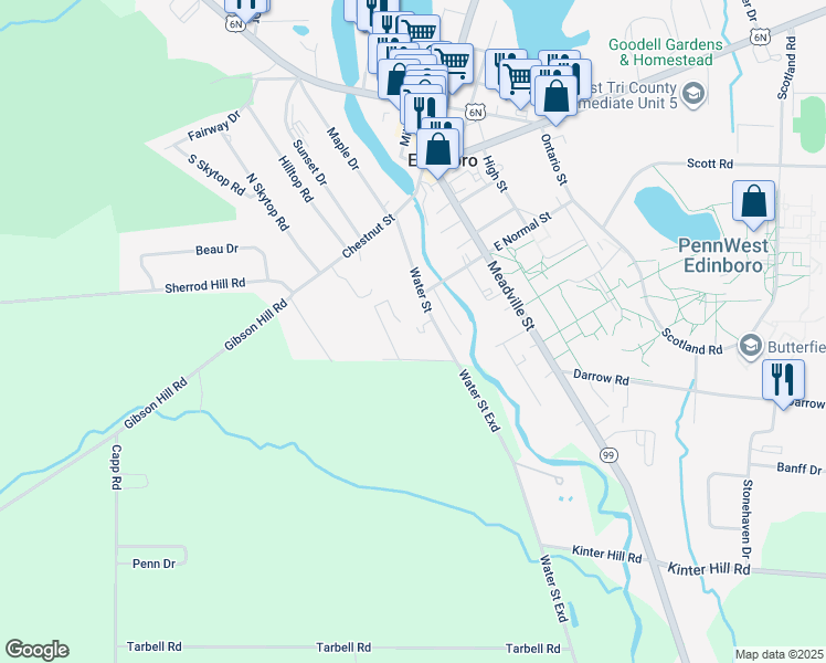 map of restaurants, bars, coffee shops, grocery stores, and more near 210 Water Street in Edinboro