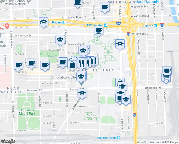 map of restaurants, bars, coffee shops, grocery stores, and more near 1039 West Taylor Street in Chicago