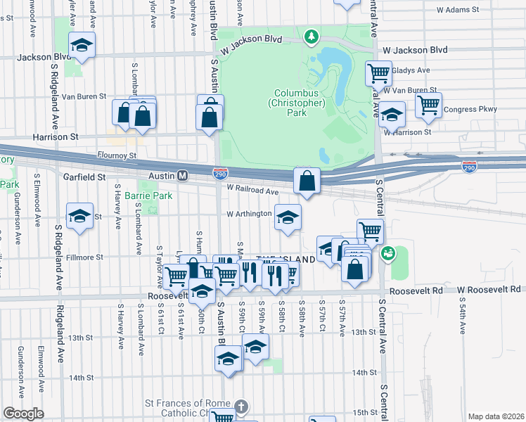 map of restaurants, bars, coffee shops, grocery stores, and more near 933 South Mayfield Avenue in Chicago