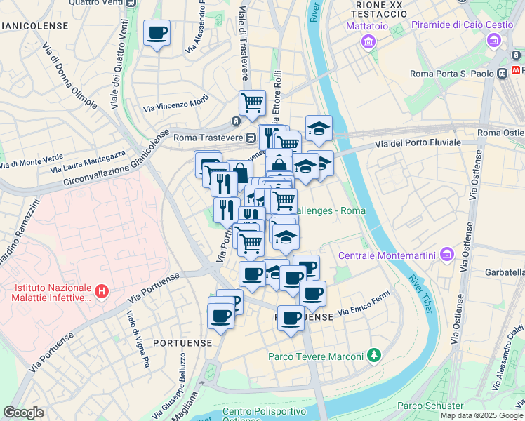 map of restaurants, bars, coffee shops, grocery stores, and more near 35 Piazza della Radio in Roma