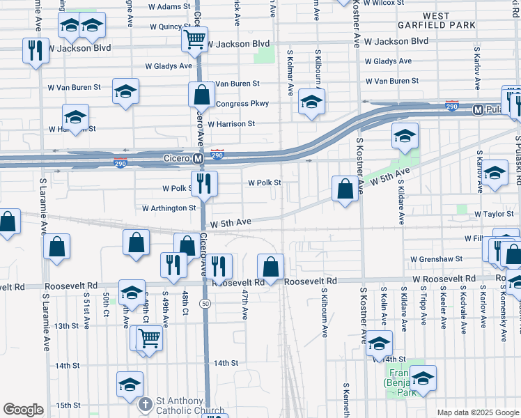 map of restaurants, bars, coffee shops, grocery stores, and more near 4627 West Arthington Street in Chicago