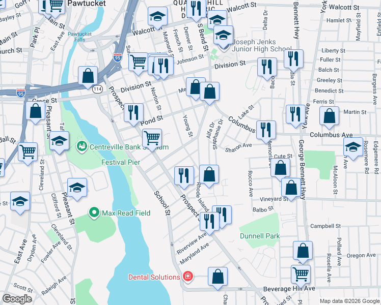 map of restaurants, bars, coffee shops, grocery stores, and more near 131 Beechwood Avenue in Pawtucket