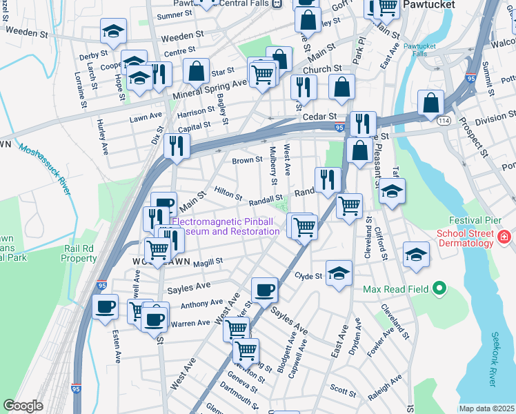 map of restaurants, bars, coffee shops, grocery stores, and more near 225 West Avenue in Pawtucket
