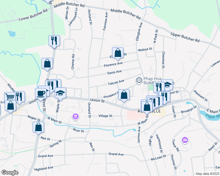 map of restaurants, bars, coffee shops, grocery stores, and more near 57 Talcott Avenue in Vernon