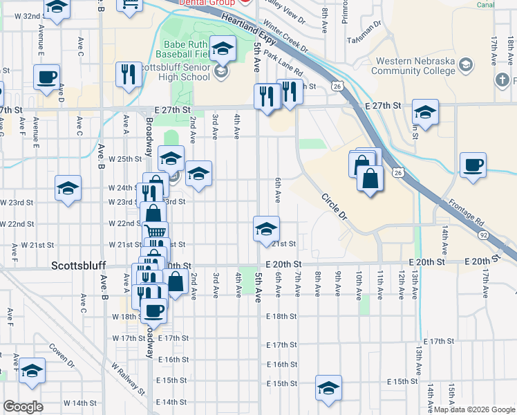 map of restaurants, bars, coffee shops, grocery stores, and more near 2219 5th Avenue in Scottsbluff