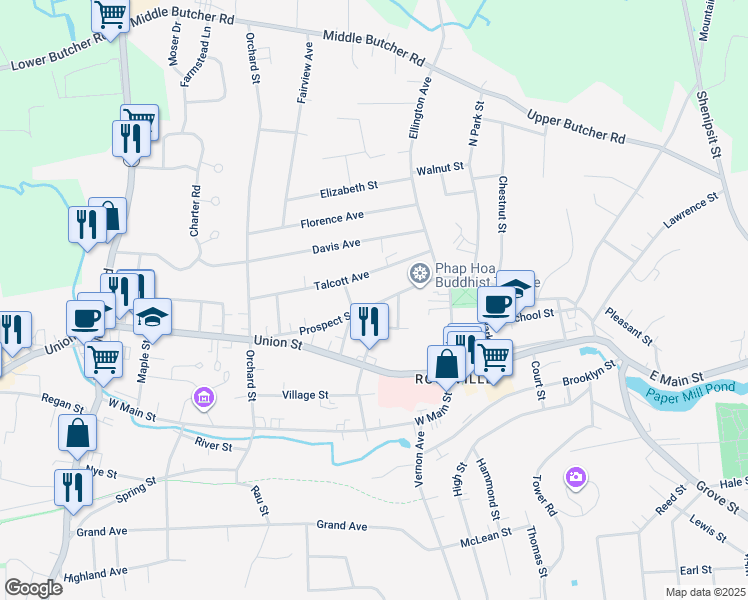 map of restaurants, bars, coffee shops, grocery stores, and more near 108 Prospect Street in Vernon