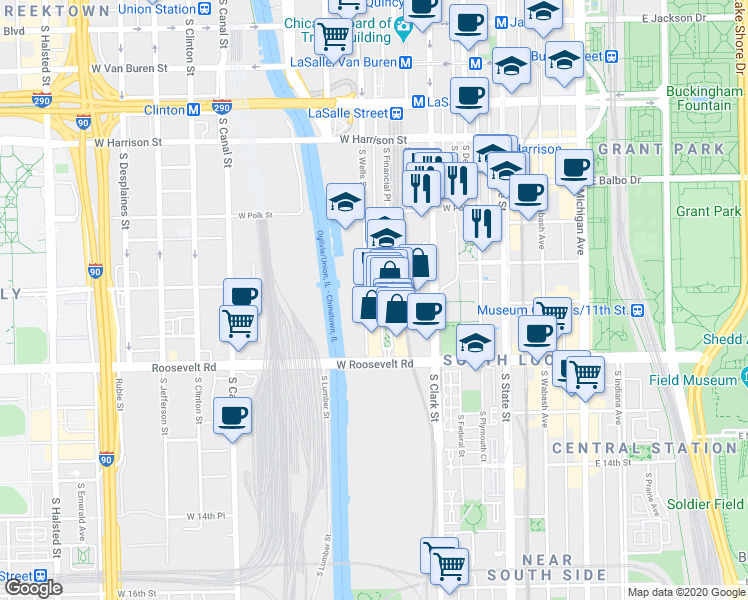 map of restaurants, bars, coffee shops, grocery stores, and more near 1010 South Delano Court in Chicago
